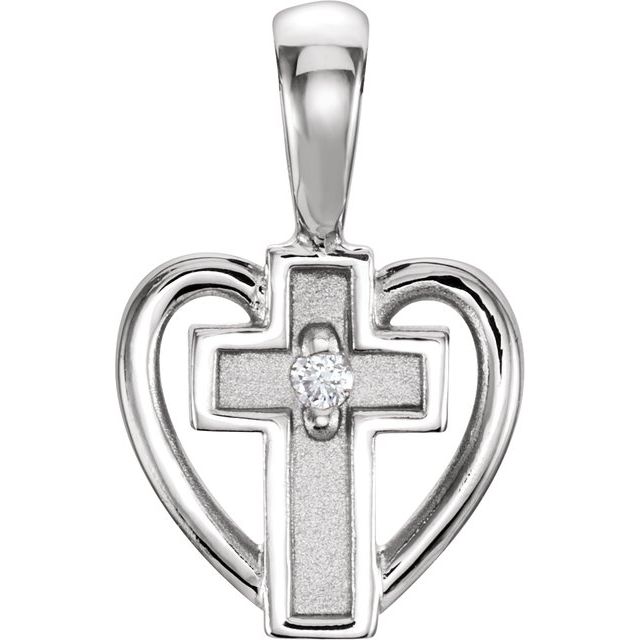 14K White Gold .01 CT Natural Diamond Cross & Heart Pendant