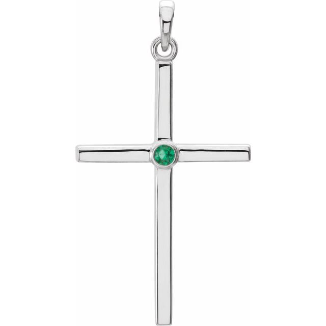 14K White Gold Natural Emerald Cross Pendant