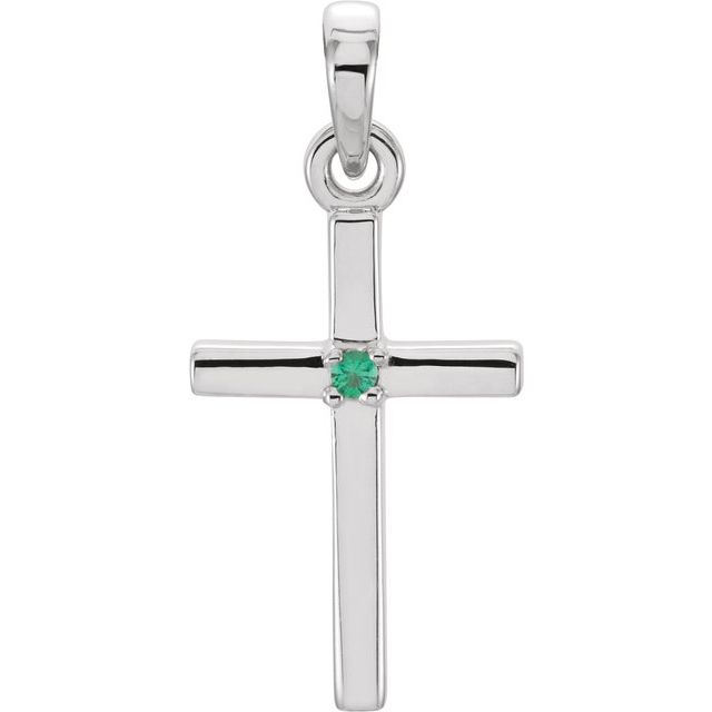 14K White Gold Natural Emerald Cross Pendant