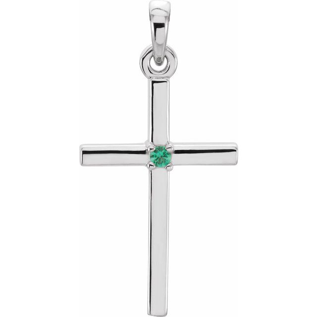 14K White Gold Natural Emerald Cross Pendant