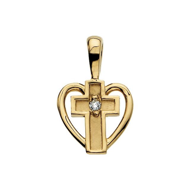 14K Yellow Gold .01 CT Natural Diamond Cross & Heart Pendant