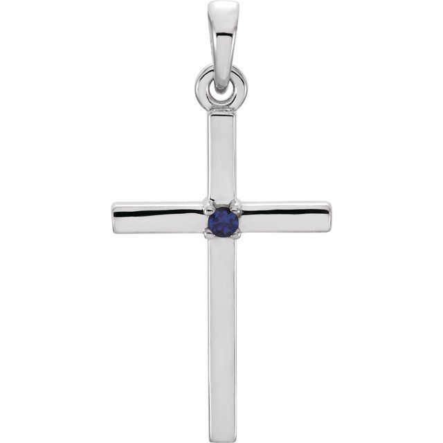 14K White Gold Natural Blue Sapphire Cross Pendant