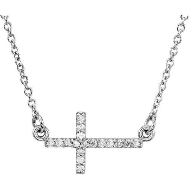 14K White Gold .07 CTW Natural Diamond Sideways Cross 16-18" Necklace