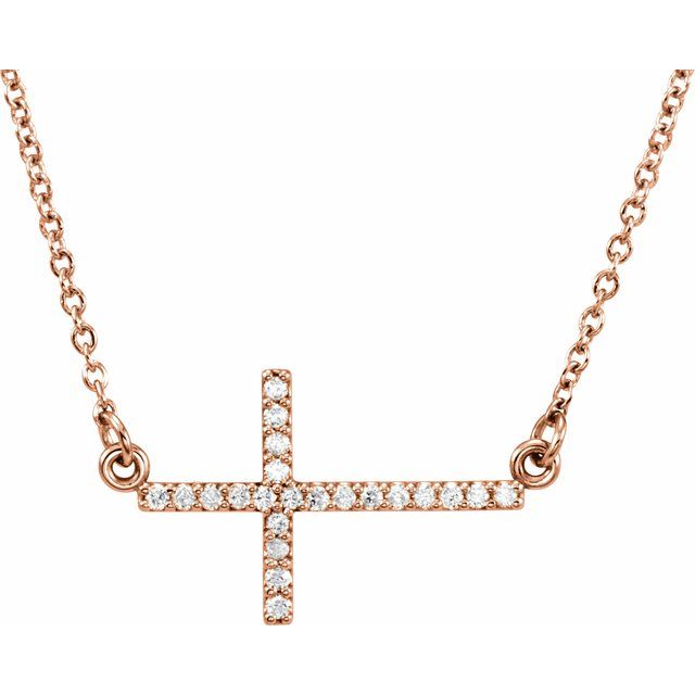14K Rose Gold .08 CTW Natural Diamond Sideways Cross 16-18" Necklace