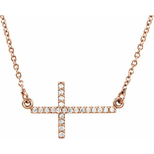 14K Rose Gold .08 CTW Natural Diamond Sideways Cross 16-18" Necklace