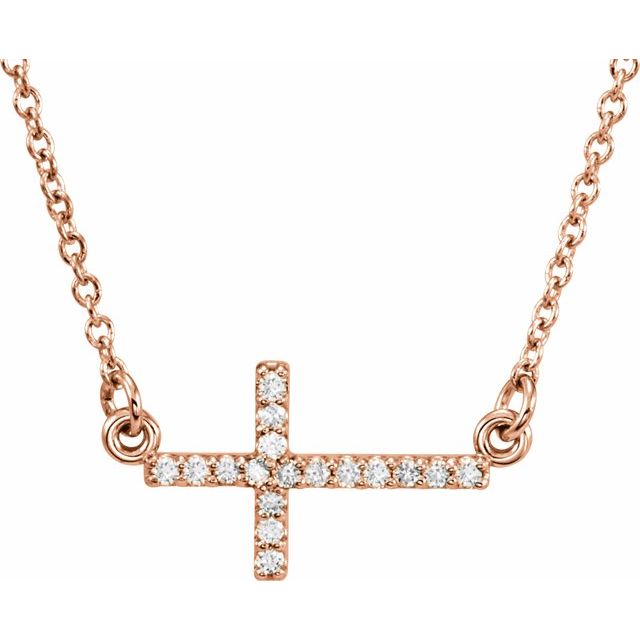 14K Rose Gold .07 CTW Natural Diamond Sideways Cross 16-18" Necklace