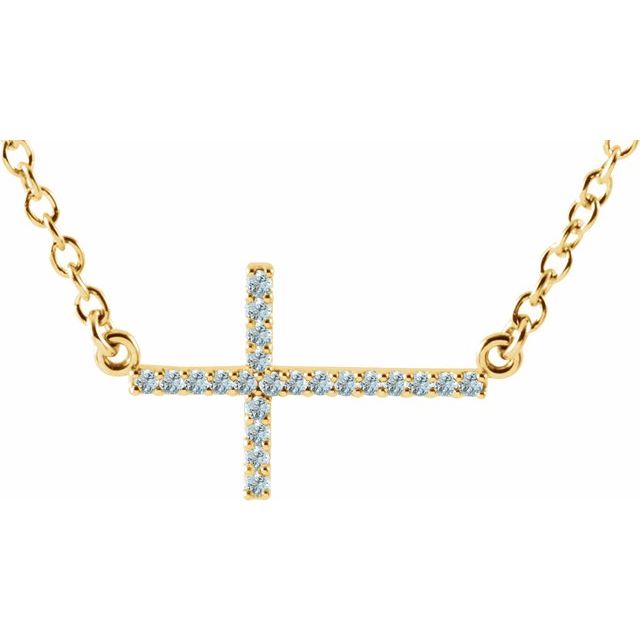 14K Yellow Gold Natural Aquamarine Sideways Cross 16-18" Necklace