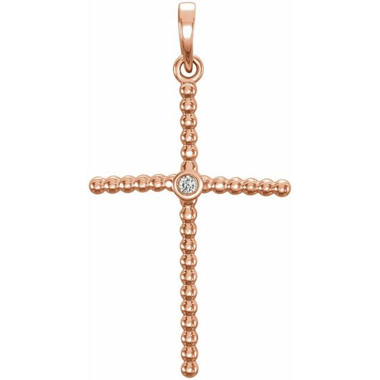 14K Rose Gold 24.8x12.2 mm .02 CTW Natural Diamond Beaded Cross Pendant