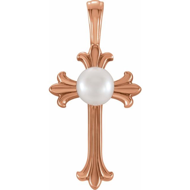 14K Rose Gold Cultured White Freshwater Pearl Cross Pendant