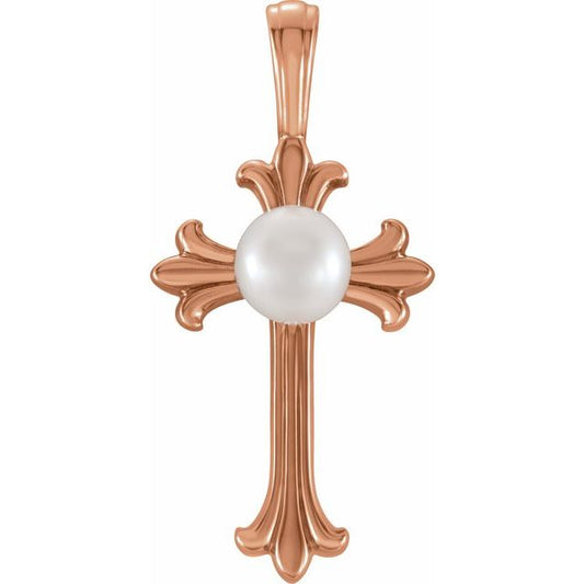 14K Rose Gold Cultured White Freshwater Pearl Cross Pendant