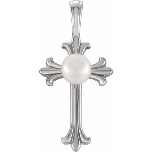 Platinum Cultured White Freshwater Pearl Cross Pendant