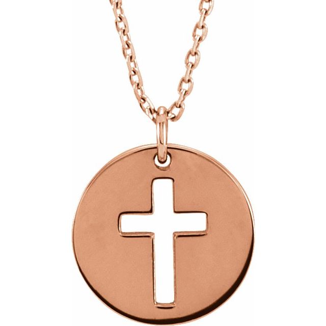 14K Rose Gold Pierced Cross Disc 16-18" Necklace