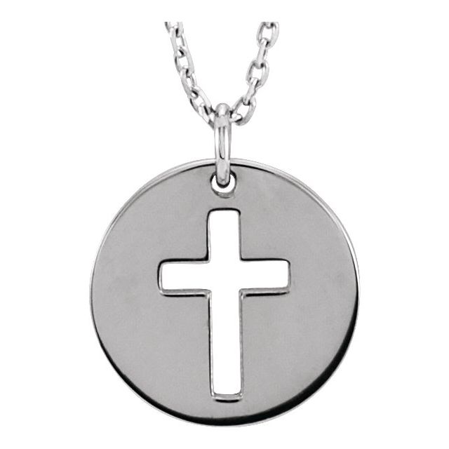 14K White Gold Pierced Cross Disc 16-18" Necklace