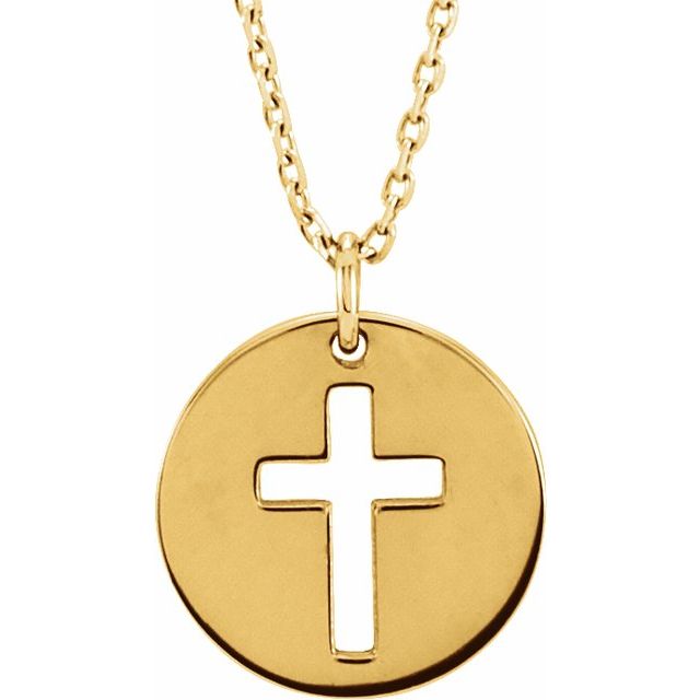 14K Yellow Gold Pierced Cross Disc 16-18" Necklace
