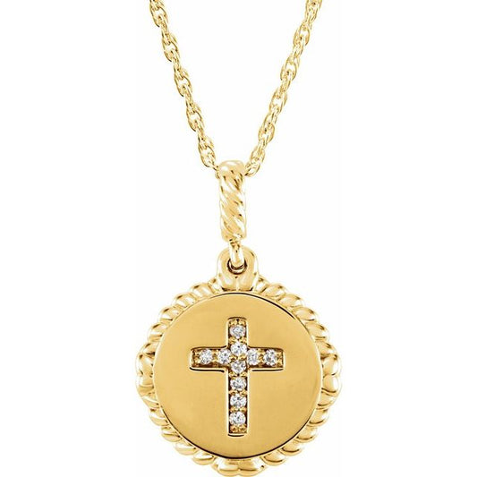 14K Yellow Gold .04 CTW Natural Diamond Cross Rope 16-18" Necklace