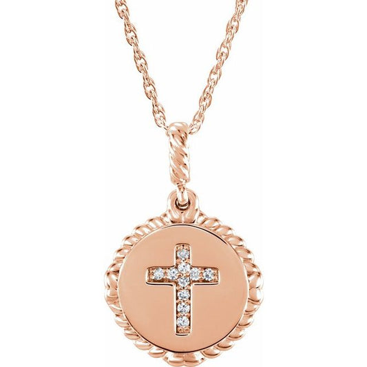 14K Rose Gold .04 CTW Natural Diamond Cross Rope 16-18" Necklace