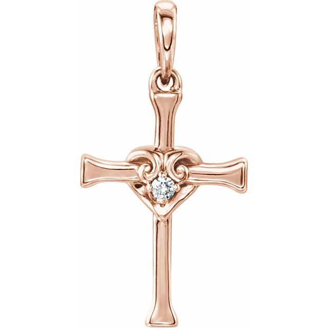 14K Rose Gold .025 CT Natural Diamond Heart & Cross Pendant