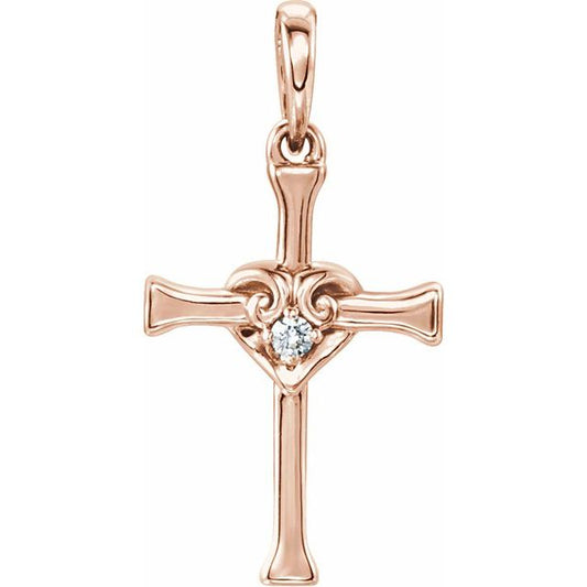 14K Rose Gold .025 CT Natural Diamond Heart & Cross Pendant