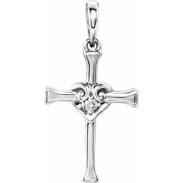 14K White Gold .025 CT Natural Diamond Heart & Cross Pendant