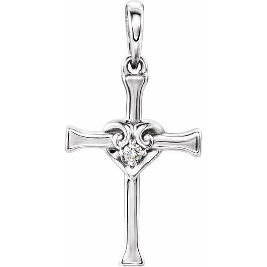 Sterling Silver .025 CT Natural Diamond Heart & Cross Pendant