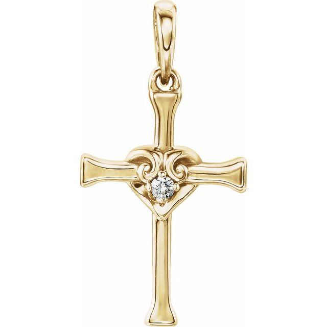 14K Yellow Gold .025 CT Natural Diamond Heart & Cross Pendant