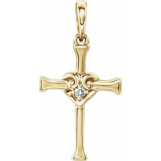 14K Yellow Gold .025 CT Natural Diamond Heart & Cross Pendant
