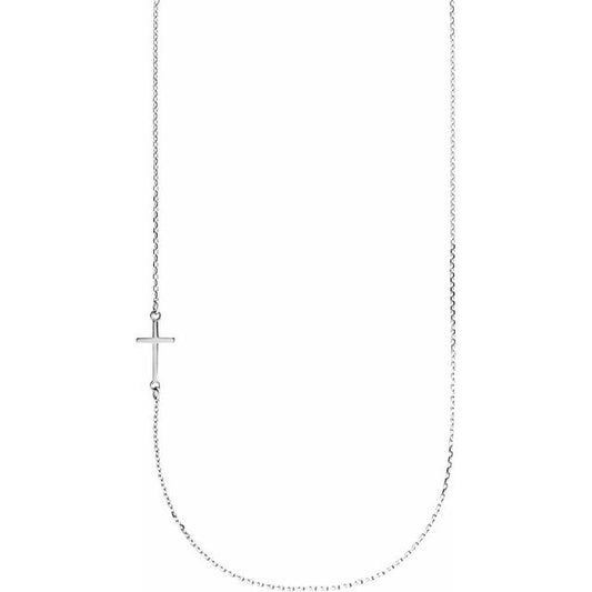 14K White Gold Off-Center Sideways Cross 16" Necklace  