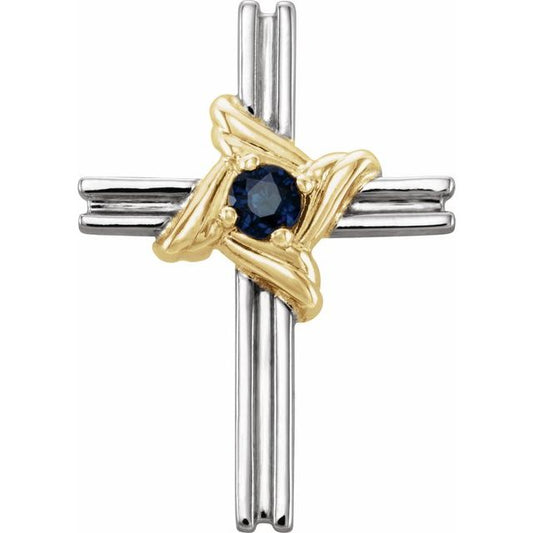 14K White/Yellow Gold Natural Blue Sapphire Cross Pendant 