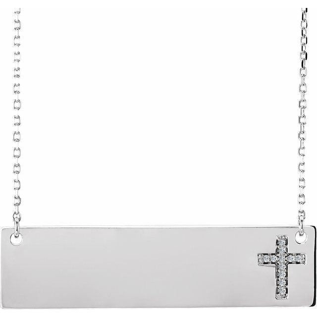 14K White Gold .025 CTW Natural Diamond Engravable Cross 16-18" Necklace