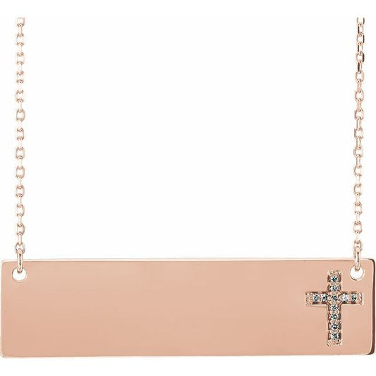 14K Rose Gold .025 CTW Natural Diamond Engravable Cross 16-18" Necklace