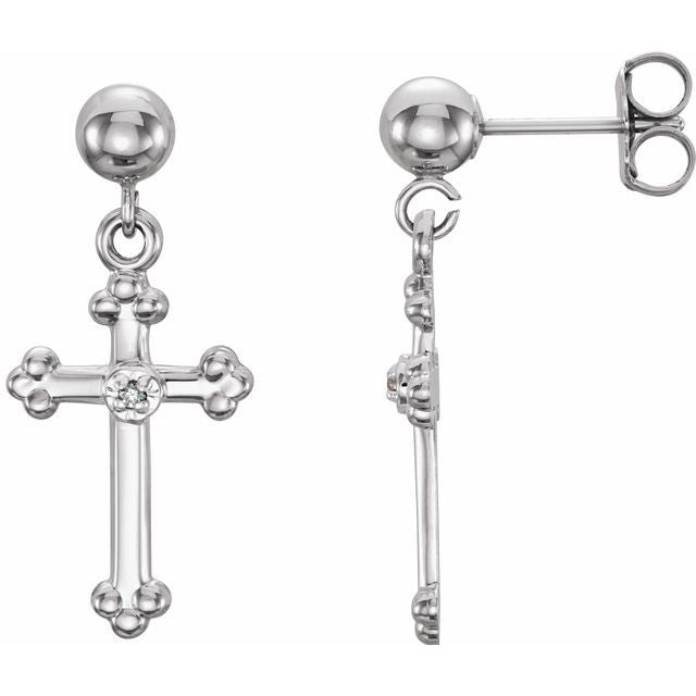 14K White Gold .005 CT Natural Diamond Cross Earring