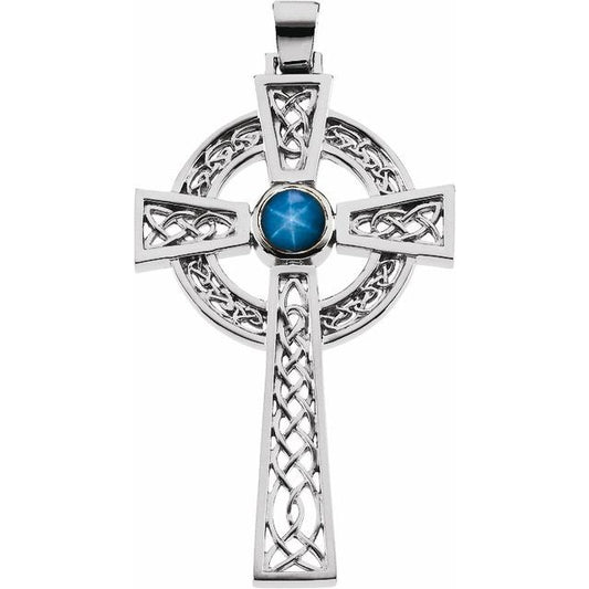 Sterling Silver Natural Blue Star Sapphire Celtic-Inspired Cross Pendant