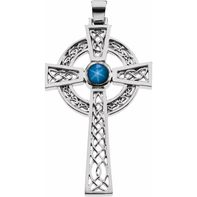 14K White Gold Natural Blue Star Sapphire Celtic-Inspired Cross Pendant
