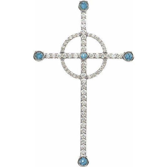 14K White Gold Natural Swiss Blue Topaz & 1/2 CTW Natural Diamond Cross Pendant