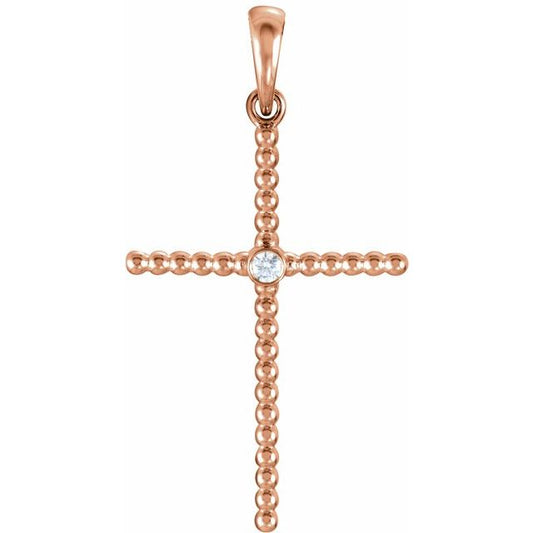 14K Rose Gold 33.3x17.6 mm .03 CTW Natural Diamond Beaded Cross Pendant
