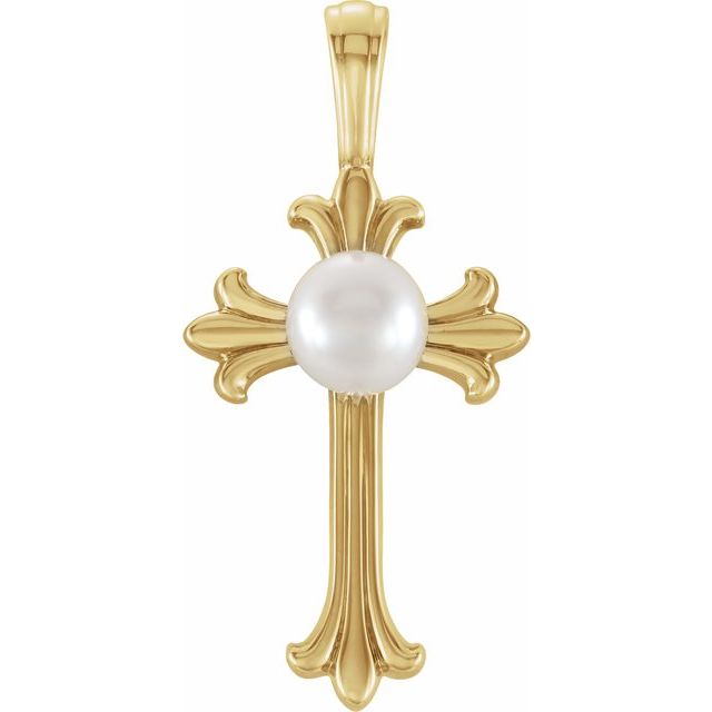 14K Yellow Gold Cultured White Freshwater Pearl Cross Pendant