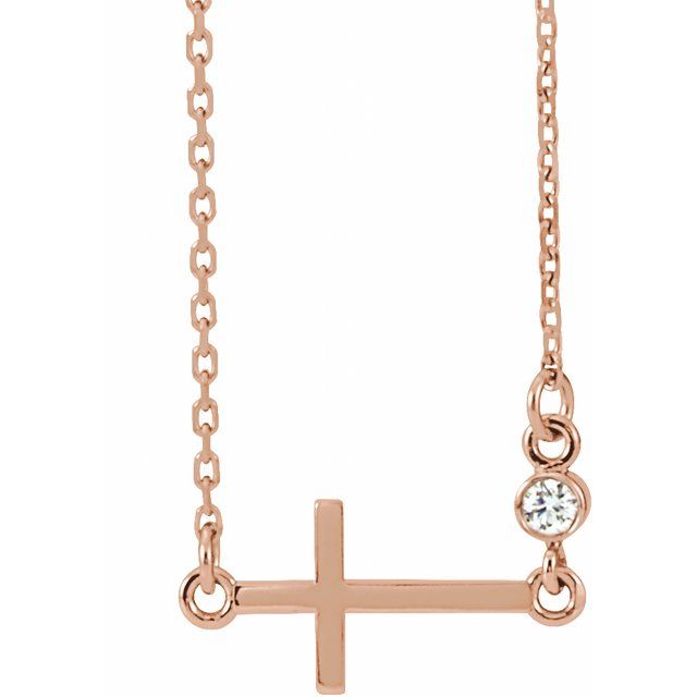 14K Rose Gold .03 CTW Natural Diamond Sideways Cross 16-18" Necklace