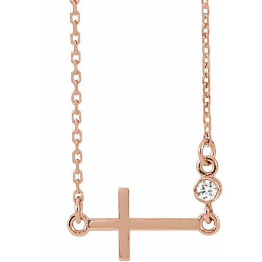 14K Rose Gold .03 CTW Natural Diamond Sideways Cross 16-18" Necklace