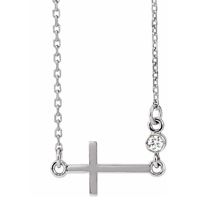 14K White Gold .03 CTW Natural Diamond Sideways Cross 16-18" Necklace