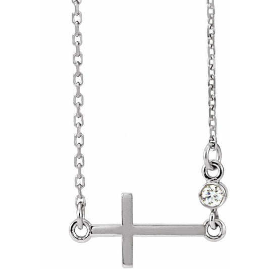 14K White Gold .03 CTW Natural Diamond Sideways Cross 16-18" Necklace