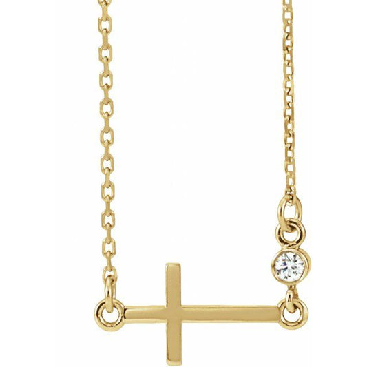 14K Yellow Gold .03 CTW Natural Diamond Sideways Cross 16-18" Necklace