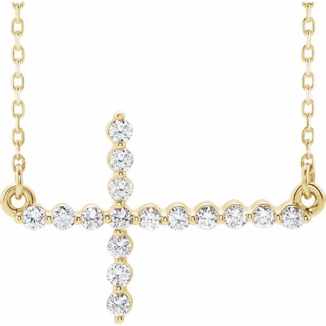 14K Yellow Gold 1/4 CTW Natural Diamond Sideways Cross 16-18" Necklace
