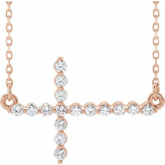 14K Rose Gold 1/4 CTW Natural Diamond Sideways Cross 16-18" Necklace