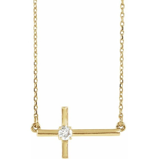 14K Yellow Gold 1/10 CTW Natural Diamond Sideways Cross 16-18" Necklace