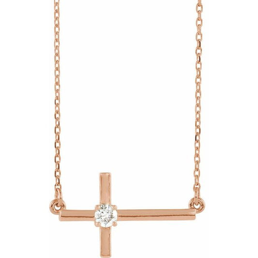 14K Rose Gold 1/10 CTW Natural Diamond Sideways Cross 16-18" Necklace