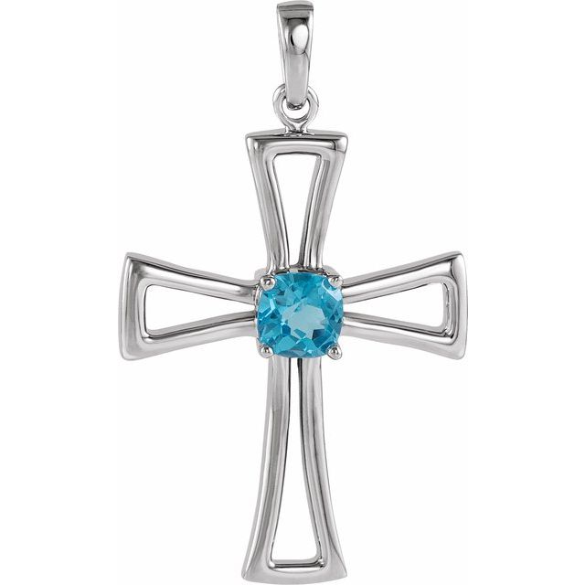 14K White Gold Natural Swiss Blue Topaz Cross Pendant