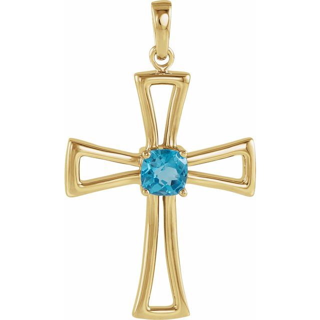 14K Yellow Gold Natural Swiss Blue Topaz Cross Pendant
