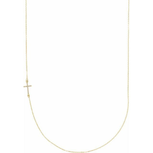 14K Yellow Gold .04 CTW Natural Diamond Off-Center Sideways Cross 16" Necklace  