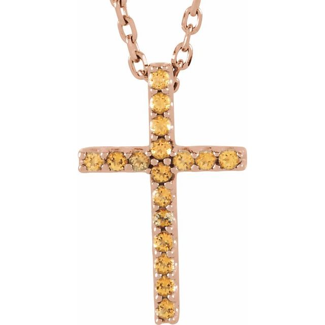 14K Rose Gold Natural Yellow Sapphire Petite Cross 16" Necklace
