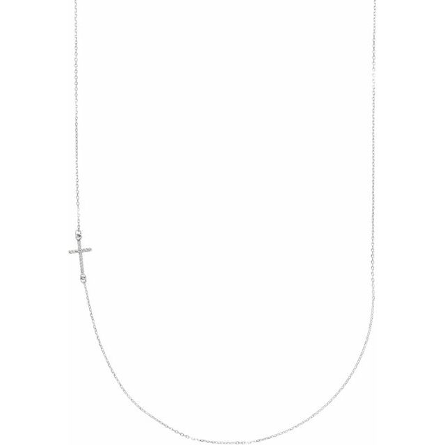 Sterling Silver .04 CTW Natural Diamond Off-Center Sideways Cross 16" Necklace  